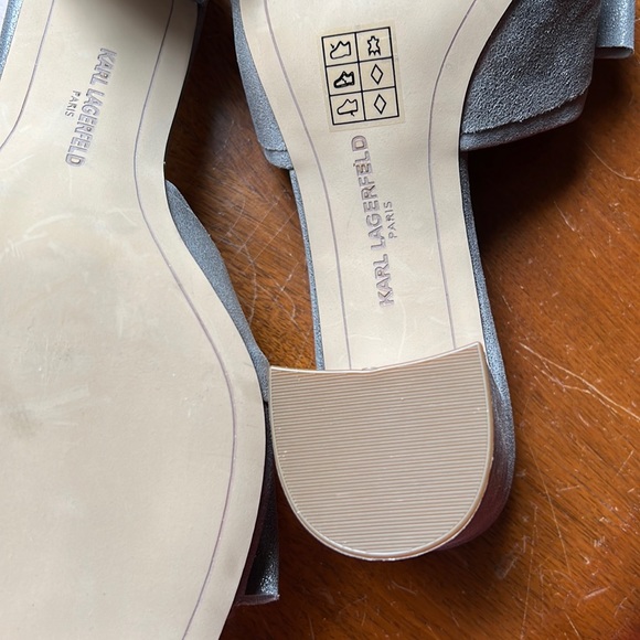 Karl Lagerfeld Henri Bow Pearl Pewter Metallic Suede Block Heel Dress Mules 7.5 - Picture 7 of 11